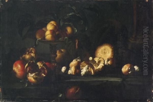 Natura Morta Con Alzata Di Pesche, Funghi E Melograni Oil Painting by Simone Del Tintore