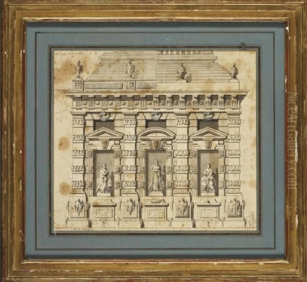 Projet De Facade D'un Palais Avec Des Statues Dans Des Niches Oil Painting by H. Delafosse