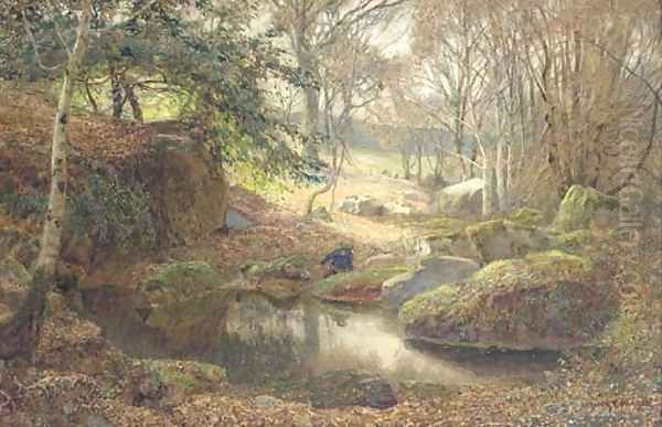 A Rocky Woodland Pond Oil Painting by James Thomas Watts