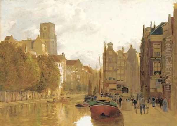 A view of Rotterdam with the Laurens church in the background Oil Painting by James Thomas Watts