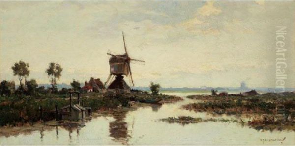 Niederlandische Polderlandschaft Oil Painting by Gerardus Johannes Delfgaauw