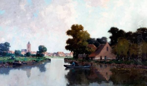 Hollands Dorp Aan Het Water Oil Painting by Gerardus Johannes Delfgaauw