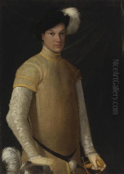 Portrait Of A Young Man Wearing A
 Plumed Hat, A Yellow Doublet With Slashed Sleeves, Lace Cuffs And 
Collar, Resting His Right Hand On A Plumed Helmet Oil Painting by Nicolo Dell' Abate