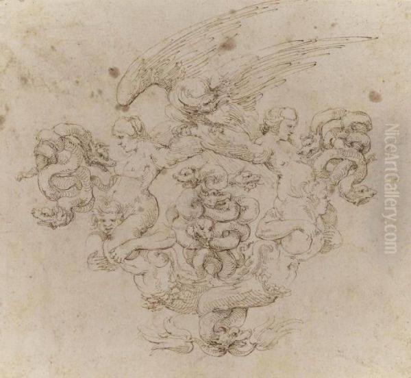 A Cartouche In The Form Of Two 
Mermen With Intertwined Tails Supporting Harpies Whose Wings Support An 
Eagle, With Pairs Of Writhing Serpents At Either Side And With A Group 
Of Four Intertwined Serpents In The Centre Oil Painting by Stefano della Bella