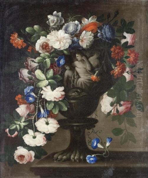 Tulips, Peonies, Jasmine And 
Other Flowers In A Classical Carved Stone Urn, Before An Open Landscape;
 And Roses, Carnations, Convulvulus And Other Flowers In A Classical 
Carved Stone Urn Oil Painting by Francesco Della Questa