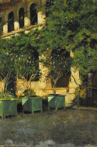 Portico E Giardino Di Villa Delleani In Pollone Oil Painting by Lorenzo Delleani