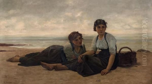 Zwei Junge Frauen Am Strand Oil Painting by Francois Alfred Delobbe