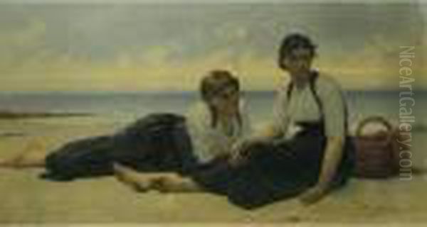 Two Young Girls Resting On A Beach Oil Painting by Francois Alfred Delobbe