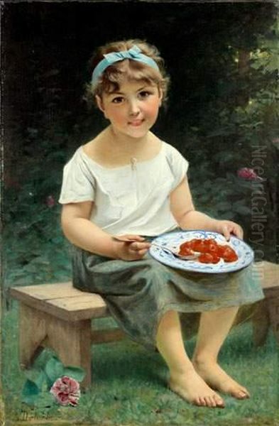 Petite Fille Mangeant Des Fraises Oil Painting by Francois Alfred Delobbe