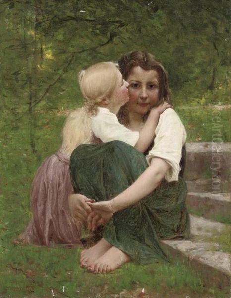 Sisterly Love Oil Painting by Francois Alfred Delobbe