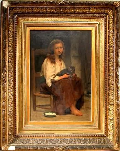 Portrait Of A Young Country Girl
 In A Cane-seat Chair With A Cat In Her Lap, Pan Of Milk On The Floor Oil Painting by Francois Alfred Delobbe