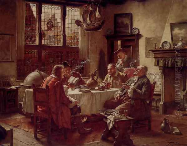 A Literary Gathering Oil Painting by Fritz Wagner