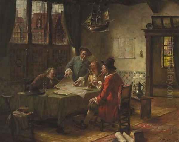 A Dutch seventeenth century interior with gentlemen discussing a naval chart around a table Oil Painting by Fritz Wagner