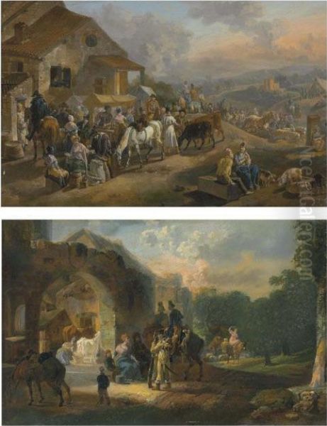 A Fair In A Village; And Soldiers Halting At A Farm Oil Painting by Jean Louis (Marnette) De Marne