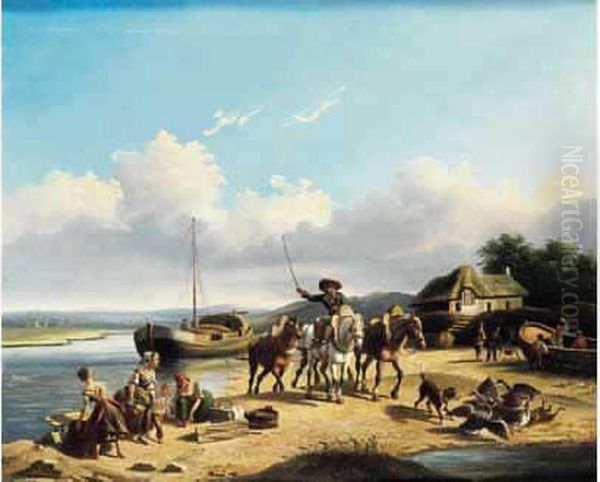 Lavandieres Et Voyageurs Pres D'une Fontaine Oil Painting by Jean-Francois Demay