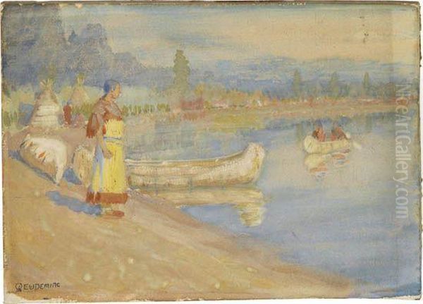 River Scene With Native Americans And Canoes Oil Painting by Edwin Willard Deming