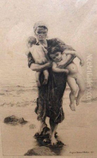 Mother And Children On A Beach Oil Painting by Virginie Demont-Breton