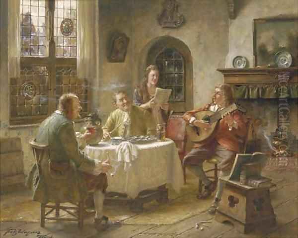 A musical duo performing Oil Painting by Fritz Wagner