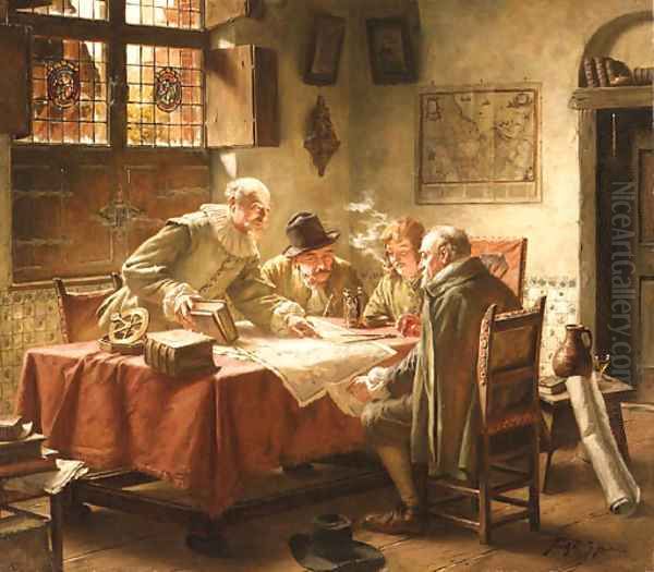 Reading the map Oil Painting by Fritz Wagner