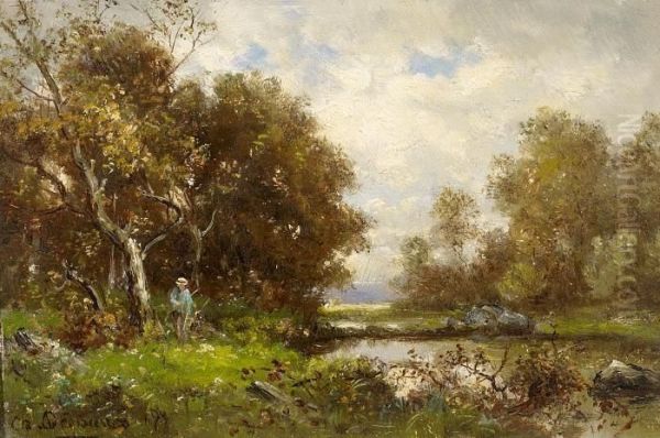 Angler By A Pond In The Forest Oil Painting by Charles-Felix-Edouard Deshayes