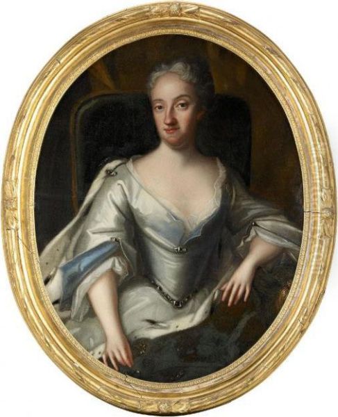 Portratt Av Drottning Ulrika 
Eleonora D.y. Ikladd Vit Klanning Samt Hermelinbramad Mantel Med 
Strokronor - Sittande Knastycke Oil Painting by Georg Desmares