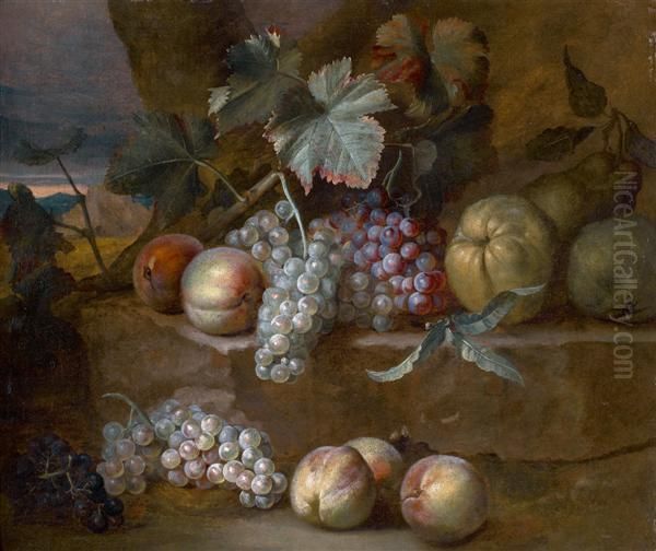 Nature Morte De Raisins Peches Et Poires Sur Un Entablement De Pierre Oil Painting by Claude Francois Desportes