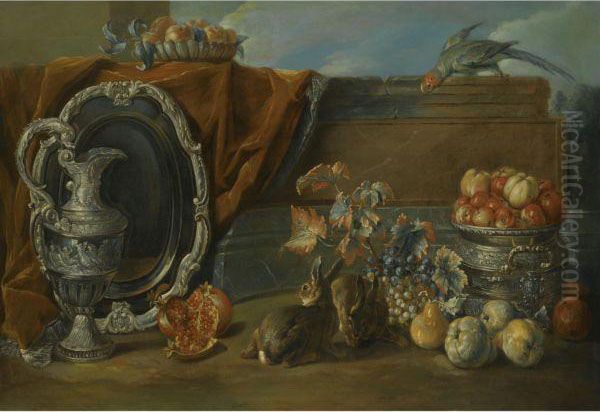 A Still Life With Two Rabbits, 
Pears, Apples, Grapes, A Pomegranate And A Silver Tray And Jug Oil Painting by Claude Francois Desportes