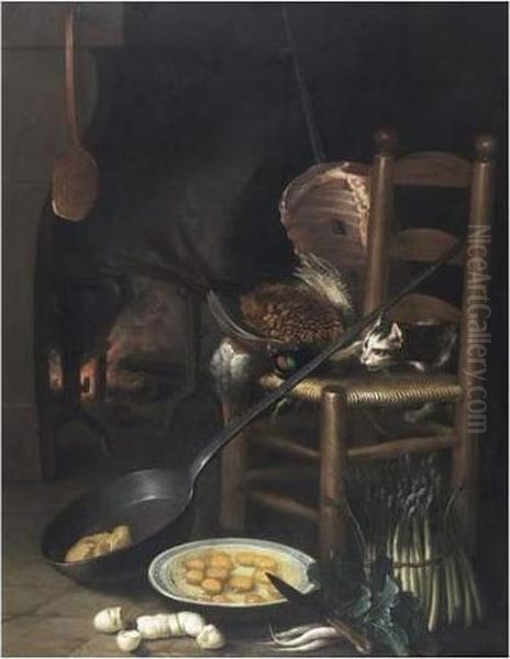 Les Preparatifs Du Repas Devant La Cheminee Oil Painting by Claude Francois Desportes