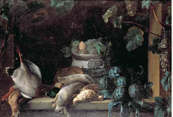 Nature Morte Au Gibier, A La Coupe De Prunes Et Aux Artichauts
 Disposee Sur Un Entablement De Fenetre Decoree D'une Treille Oil Painting by Claude Francois Desportes