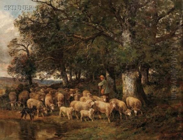 A Shepherd And His Flock Beneath Oak Trees Oil Painting by James Desvarreux-Larpenteur