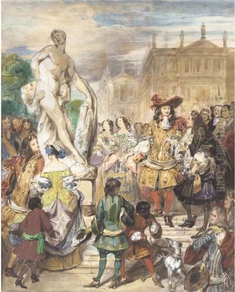 Study For Puget Presenting The 
Group Of Milo Of Cortona To Louis Xiv In The Gardens Of Versailles Oil Painting by Eugene Deveria