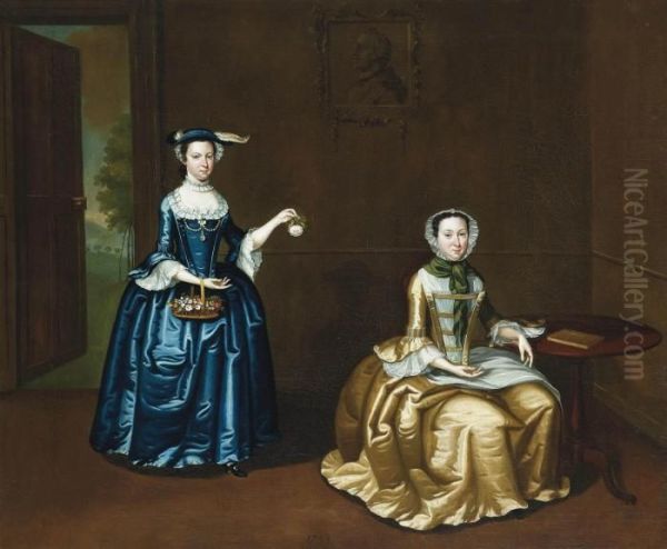 Two Ladies In An Interior Oil Painting by Arthur Devis