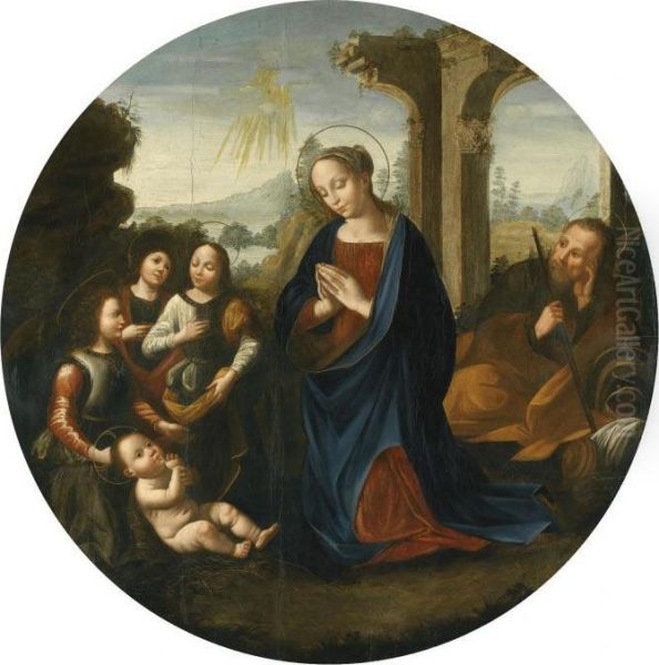 The Holy Family Before A Landscape Oil Painting by Lorenzo Di Credi