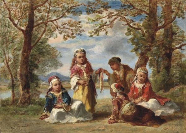 Offrande Au Bohemien: Cinq Enfants Turcs Dans Un Parc Pres D'une Riviere Oil Painting by Narcisse-Virgile D Az De La Pena