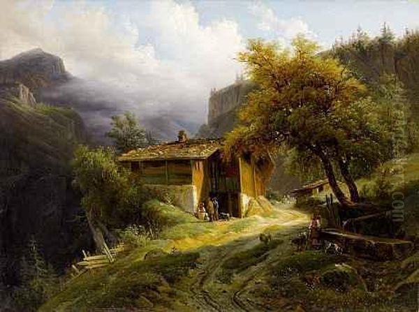 Gebirgslandschaft Mit Bauernhaus Und Oil Painting by Francois Diday