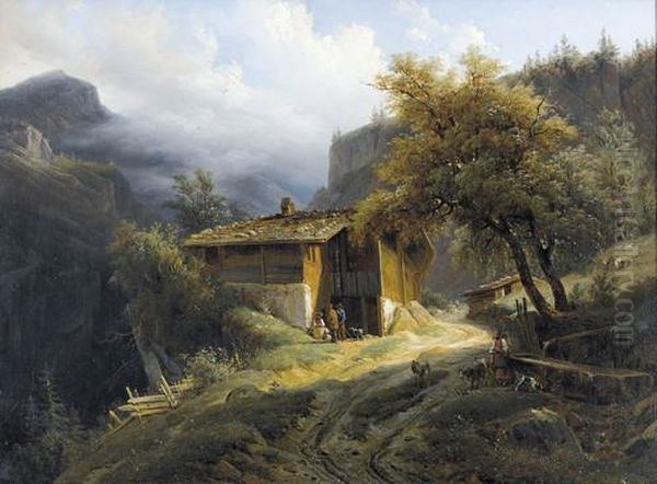 Gebirgslandschaft Mit Chalet Und Figurenstaffage Oil Painting by Francois Diday