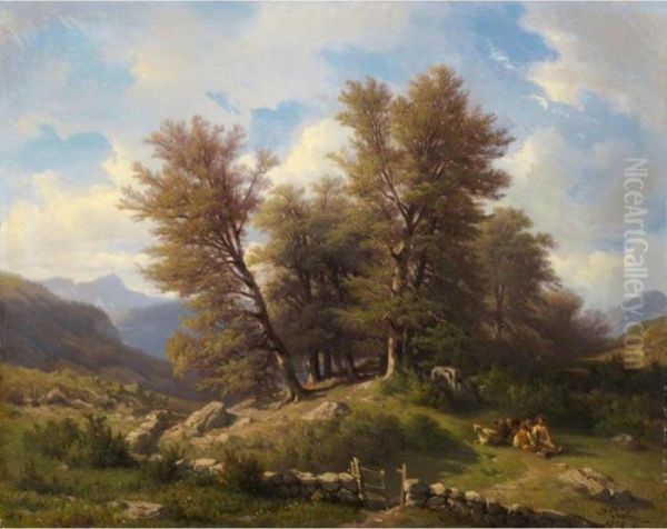 Paysage Avec Bergers Sous Arbres, 1858 
Landscape With Herdsman Below Trees, 1858 Oil Painting by Francois Diday