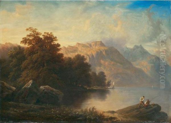 A Swiss Lake Scene Oil Painting by Francois Diday