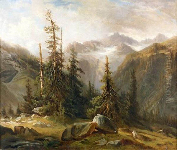 Wilde Gebirgspartie Mit Tannen Und Felsen. Oil Painting by Francois Diday