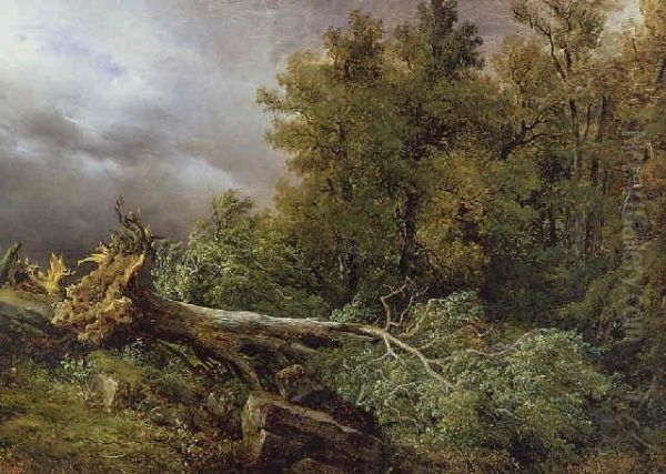 Fallen Tree In A Stormy Landscape Oil Painting by Francois Diday