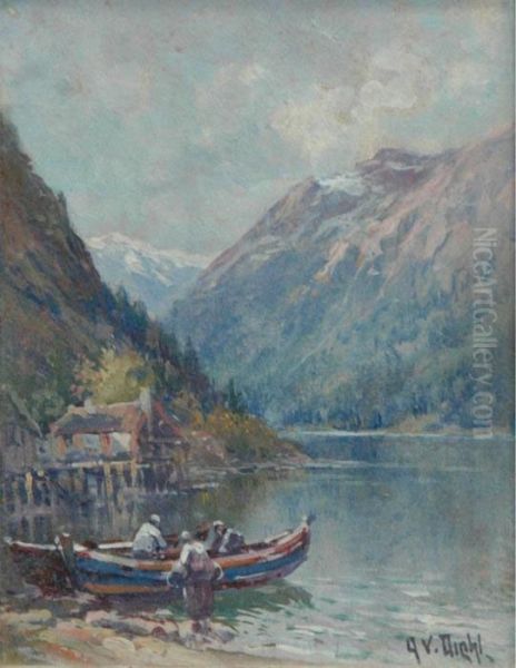 Fisherman On A Mountain Lake Oil Painting by Arthur Vidal Diehl