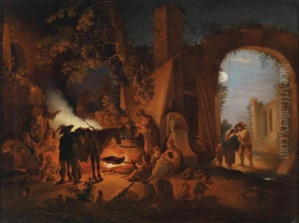 A Nocturnal Scene In A Camp Oil Painting by Christian Wilhelm Ernst Dietrich