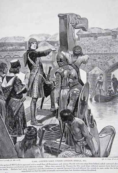 Earl Godwin sails under London Bridge in 1052, to join his son Harold with 9 ships from Ireland, illustration from the book The History of the Nation Oil Painting by Richard Caton Woodville