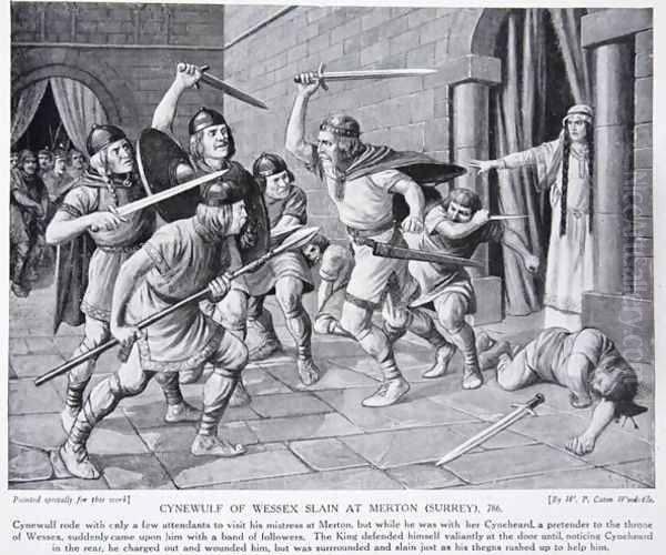 Cynewulf of Wessex Slain at Merton (Surrey), 786 AD, illustration from Hutchinsons Story of the British Nation, c.1920 Oil Painting by Richard Caton Woodville