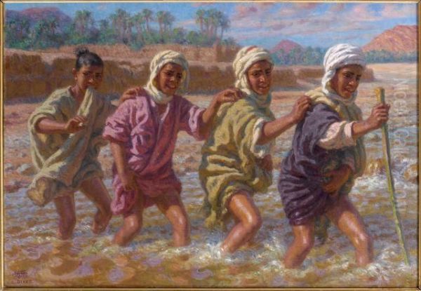 La Traversee De L'oued Oil Painting by Alphonse Etienne Dinet