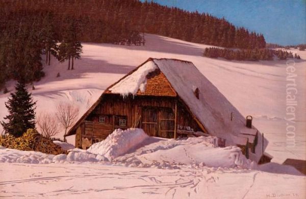 Schwarzwaldhaus Im Schnee (black Forest House In The Snow) Oil Painting by Hermann Dischler