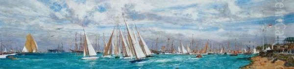 A One-design Class Crossing The Starting Line At Cowes Week Oil Painting by Charles Edward Dixon