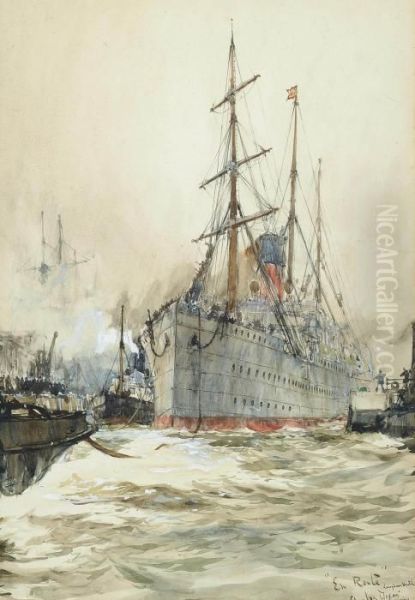 'en Route': A Liner Under Tow Leaving The Dockside Oil Painting by Charles Edward Dixon