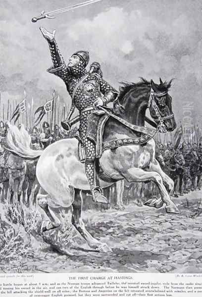 The first charge at Hastings: Taillefer the minstrel sword-juggler rode from the ranks singing and tossing his sword in the air, 1066, illustration from the book The History of the Nation by Richard Caton Woodville