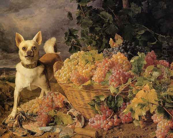 A Dog By A Basket Of Grapes In A Landscape Oil Painting by Ferdinand Georg Waldmuller